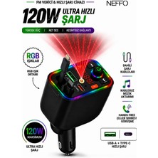 Neffo 4'ü 1 Arada 30W Araç Şarj Cihazı Fm Transmitter Çakmaklık Bluetooth 5.3 Geri Çekilebilir Type-C Kablo 360° Döner Rgb Yıldız Işığı