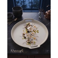 Abnturk Şık Tasarımlı Beyaz Renk Dekoratif Yuvarlak Plastik Yüksek Kaliteli Tepsi Sunum Servis Tepsisi 33CM