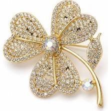Serelya Gold Renk Zirkon Taşlı Yonca Model Broş