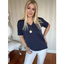 Palmira Demir Kadın Kısa Kollu V Yaka Bluz - Lacivert / S