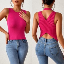 Palmira Demir Kadın Sıfır Kol Sırt Çapraz Detay Triko Bluz - Pembe / Standart