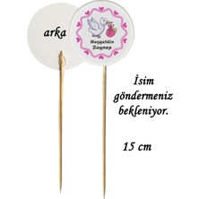 Tasarı Mağazası 15 cm Uzun Kürdan - 10 Adet Kişiye Özel Pembe Bebek Taşıyan Leylek Hoşgeldin Bebek Baskılı Pasta Kürdanı - Baby Shower Partisi-4