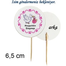 Tasarı Mağazası 10 Adet Kişiye Özel Pembe Bebek Taşıyan Leylek Hoşgeldin Bebek Baskılı Pasta Kürdanı - Baby Shower Partisi-4
