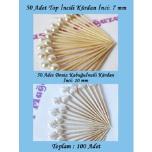 Tasarı Mağazası 100 Adet Dekoratif 2li Model Inci Boncuklu Pasta Kürdanı 6,5 cm - Top Inci 7 mm / Deniz Kabuğu Inci 10 mm