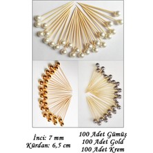 Tasarı Mağazası 300 Adet Dekoratif Top Inci Boncuklu Pasta Kürdanı 6,5 cm - Inci 7 mm - Gümüş-Gold-Krem