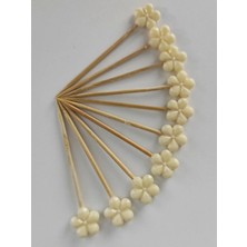 Tasarı Mağazası 20 Adet Krem Papatya Boncuklu Pasta Kürdanı 6,5 cm - Çiçekli Kokteyl Kürdanı