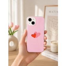 Aksesuarda iPhone 13 / 14 Uyumlu Çift Kalp Desenli Şeffaf Kenarlı Darbe Emici Esnek Koruyucu Silikon Telefon Kılıfı