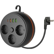 Enco Store 3 Adet Soket,3 Adet USB ve 1 Adet Type-C Girişli Termal Akım Korumalı Makaralı Priz 3395