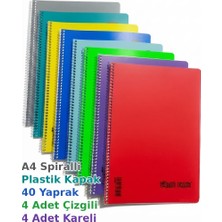 A4 Spiralli Defter 40 Yaprak  Okul Defteri 4 Adet Kareli - 4 Adet Çizgili Plastik Kapak 8'li Set