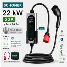Schoner 22KW Taşınabilir Elektrikli Araç Şarj İstasyonu Wi-Fi / Bluetooth Smart 5.5 Metre Tip2 Kablolu Trifaz/Monofaz 32A 22kW/11kW/7.66kW/3.5kW (ChargePro22-APP)