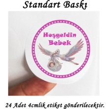 Tasarı Mağazası 24 Adet 4cm Pembe Bebek Taşıyan Leylek Hoşgeldin Bebek Baskılı Mat Etiket - Baby Shower Partisi-6-Standart Baskı