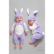 Babyden's Tavşan Kulaklı Yenidoğan Tulum Seti %100 Pamuklu Ayarlanır Ponponlu Kız Bebek Tulum Şapka Set Lila
