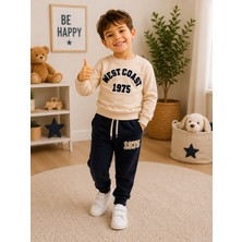 Serpil Erkek Çocuk Bej Sweatshirt Lacivert Jogger Eşofman Takımı 1975 Baskılı 2 Parça Spor Takım