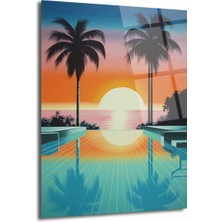 GLAZELLA Synthwave Gün Batımı Manzarası Cam Tablo