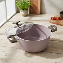 Buzz 22 cm Derin Tencere - Shadow Krem Kırçıl Granit Efektli Yanmaz Yapışmaz Cam Kapaklı Çorba ve Yemek Tenceresi