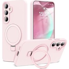 -  Galaxy S24 Fe ile Uyumlu Kılıf Magsafe ile Uyumlu Halkalı Extra Standlı Içi Kadife Yumuşak Renkli Silikon Kapak - Açık Pembe