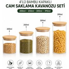 Bambu Kapaklı Cam Saklama Kavanozu Seti, 4'lü, 200ML, 250ML, 300ML, 390ML, Borosilikat Cam, Sızdırmaz Silikon Conta