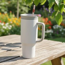 1200 ml Pipetli ve Kulplu Çelik Termos - Yeşil ve Beyaz Renk Seçenekli Dev Boy Sıcak/soğuk Tutucu Seyahat Bardağı (Beyaz)