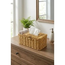 Bölmeli Kapaklı Doğal Rattan Görünümlü Hasır Organizer Sepet, Peçetelik, Makyaj ve Takı Düzenleyici, Plastik, 24X10X10 cm