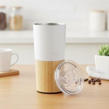 600 ml Bambu Tabanlı Çelik Termos Mug - 5 Farklı Renk Seçenekli Sıcak ve Soğuk Tutucu Seyahat Bardağı (Beyaz)
