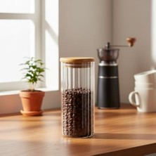 Linie Serisi Bambu Kapaklı Borosilikat Cam Kavanoz - 350 ml Çizgili Vakumlu Baharatlık, Çay ve Kahve Saklama Kabı