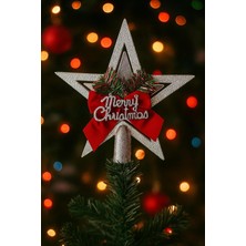 Yılbaşı Ağacı Yıldızı Gold Kurdelalı Merry Christmas Yazılı Yılbaşı Süsü Gümüş