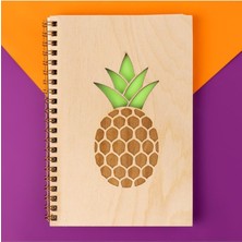 Ananas Tasarımlı Ahşap Kapaklı Defter 18 cm x 12 cm 48 Yaprak Not Defteri