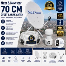 AŞIK STORE Next & Nextstar 70 cm Offset Çanak Anten Uydu Seti Dreamstar GOLD-111 Tekli Lnb 50 Metre Anten Kablosu Contalı Black F Konnektör Montaj Aparatları
