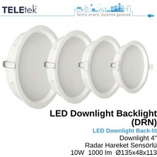 Teletek 10W Plastik Derin Kasa LED Downlight 4 Radar Hareket Sensörlü Backlight Slim Yuvarlak Beyaz Işık  Spot Sıva Altı Panel Armatür , IP44 Ince Kasa Spot Aydınlatma