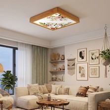 Wood Design World Ahşap Çerçeveli Çiçek Desenli Kare Plafoniyer Avize 60X60 cm - Modern Tavan Armatürü