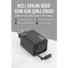 TKÇ 65W Süper Hızlı Şarj Cihazı | Dahili Type-C Kablo | Usb-C & Usb-A Çıkış | Çoklu Cihaz Dest