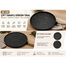 TKÇ 35 cm Döküm Gözleme Tavası Çift Taraflı Bazlama Izgara Tavası Ahşap Saplı Yapışmaz