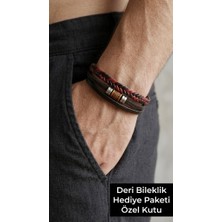 Herşey Nota Dervelle Ruby Siyah Deri Erkek Bileklik - Kırmızı Örgü ve Metal Detaylı