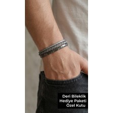 Herşey Nota Grevani Slate Gri Siyah Deri Erkek Bileklik - Çok Sıralı Modern Tasarım