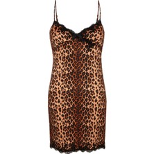 Agent Provocateur Molly Slip Leo Siyah Leopar Desenli Ipeksi Saten ve Fransız Dantelli Ayarlanabilir Askılı