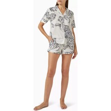 Desmond & Dempsey The Jag Kadın Lüks Pamuklu Kısa Pijama Takımı Krem Renkli Jaguar Desenli Set