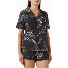 Desmond & Dempsey The Jag Kadın Lüks Pamuklu Kısa Pijama Takımı Jaguar Desenli Şortlu Set