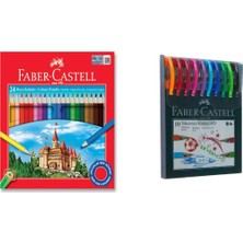 Faber Castell 24 Renk Kuru Boya ve 1425 Renkli Tükenmez Kalem 10'lu Ikisi Birarada Set