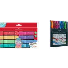 Faber Castell 46 Pastel Fosforlu Kalem Seti (8 Renk) ve 1425 Renkli Tükenmez Kalem 10'lu Ikisi Birarada Set