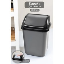 Empressco 20 Litre Kapaklı Plastik Çöp Kovası - Ev Ofis Banyo Mutfak Çöp Kovası Gri