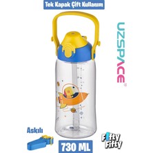 Uzspace 730ML Tritan Tek Kapak Çift Kullanım Pipetli/pipetsiz Askı Aparatlı Tritan Çocuk Su Matarası