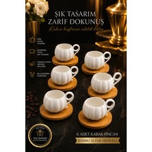 Empressco 6 Kişilik 12 Parça Bambu Tabaklı Beyaz Porselen Kahve Fincan Takımı Seti 90ML