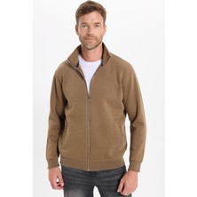 Tudors Unisex Relax Fit Rahat Kesim Pamuklu 3 İplik İçi Polarlı Fermuarlı Kahverengi Cepli Sweatshirt Hırka
