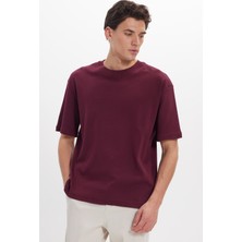 Tudors Unisex Oversize Geniş Kesim %100 Pamuk Yumuşak Dokulu Basic Bisiklet Yaka Bordo Tişört