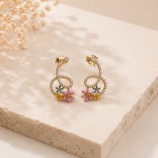 Hotchic Hotchıc Renkli Çiçek Detaylı Gold Taşlı Çelik Küpe