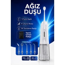 Mimtec Şarjlı Ağız Duşu - 320ML Su Hazneli 5 Başlık 4 Çalışma Modlu Su Geçirmez Ağız Diş Dil Temizleyici Beyaz