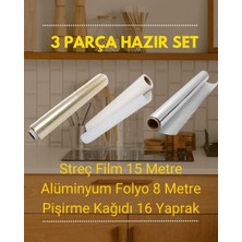 Dalpak Ambalaj 3'lü Mutfak Yardımcı Seti: Streç Film (15 M) + Alüminyum Folyo (8 M) + Pişirme Kağıdı (16 Yaprak)