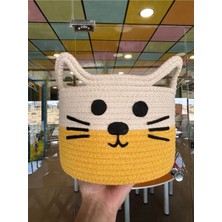 Empressco Kedi Figürlü El Yapımı Örgü Sepet – %100 Pamuk Oyuncak ve Dekoratif Sepeti (22X16 Cm, Sarı-Beyaz)
