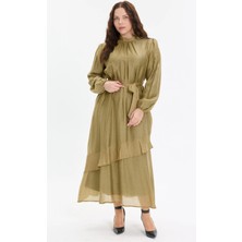 Kado Moda Kemer Detaylı Fırfırlı Uzun Elbise
