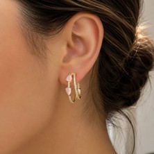 Hotchic Hotchıc Luna Pembe Taşlı Gold Halka Çelik Küpe